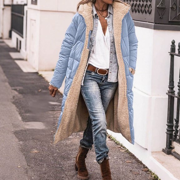 GaThRRgYP Women's Cozy Fluffy Long Coat for Fall,Women's Winter Casual Loose Fashion Color Pocket Zippered Tops Reversible Long Coat Light Blue S