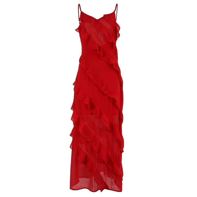 Wycnly Summer Dresses for Women Cocktail Party Prom Sexy Mesh Patchwork  Ruffle Layer Slit Fishtail Maxi Dresses 2025 Sleeveless Crewneck Solid Long  Formal Dress Red s - Walmart.com