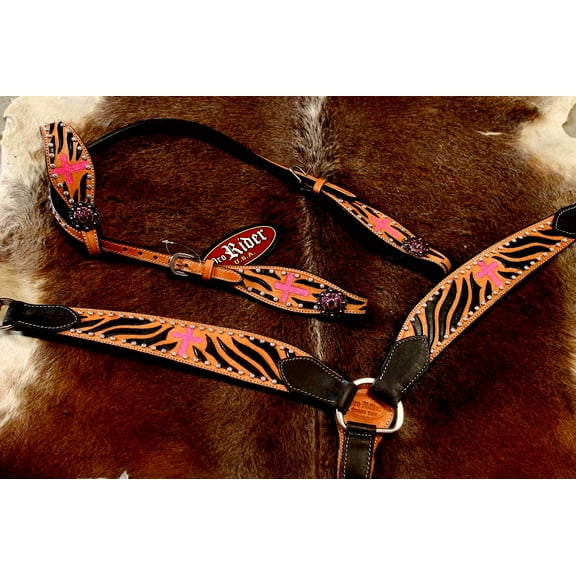 Horse Western Riding Leather Bridle Headstall Breast Collar Tack Pink 7672