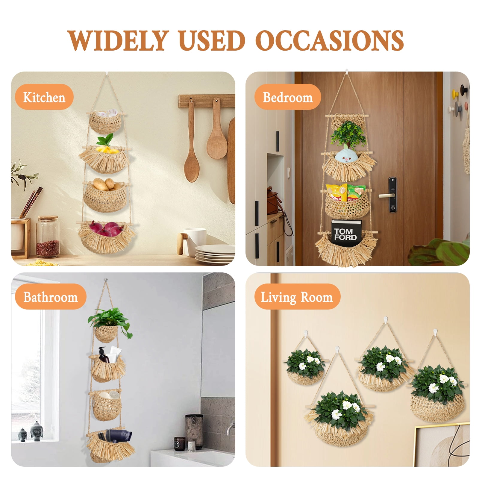 Hanging Fruit Basket, ZUEXT 4 Tier Over the Door Organizer, Handmade Woven Jute Wall Baskets for Organizing, BOHO Decor, Storage for Kitchen, Living & Bathroom Bedroom.