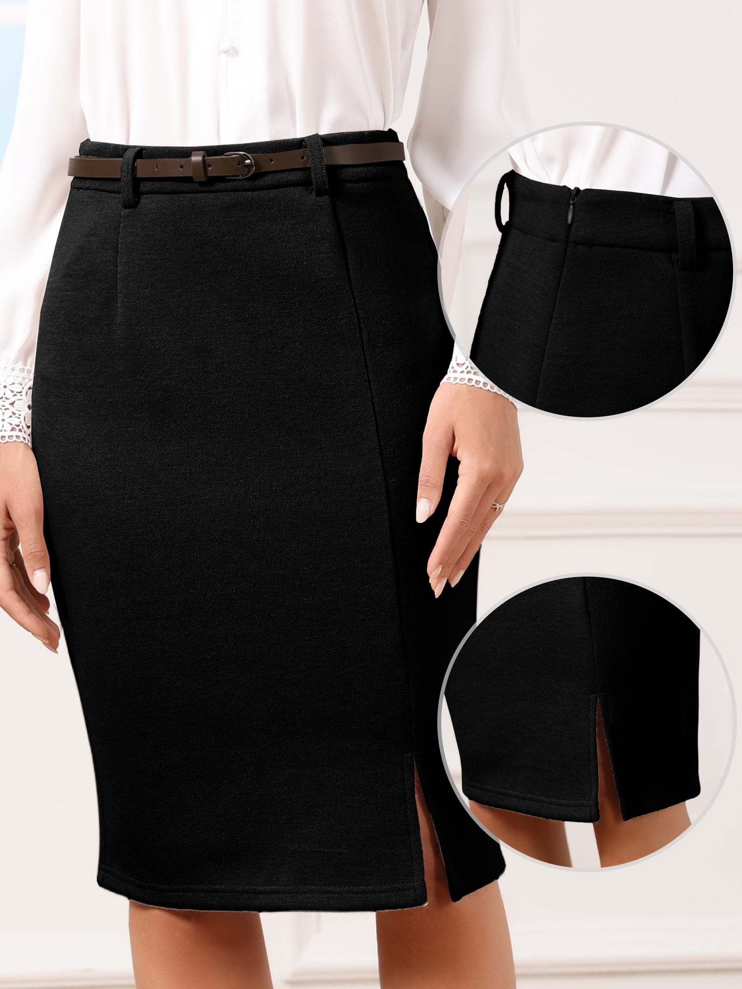DARING DIVA Women's Soft  Stretchy Knee Length Bodycon  Skirt with Slit and Belt XS Black