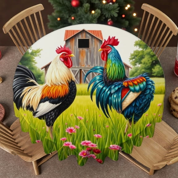 RKSupls 60 Inch Round Tablecloth, Farm Rooster Rustic Polyester Table Cover - Soft, Stain Resistant & Washable Decor for Wedding, Party, Holiday, Home Dining