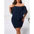 thumbnail image 4 of Navy Blue Plus Size Off-Shoulder Fitted Mini Dress With Sheer Flounce Overlay, 4 of 7