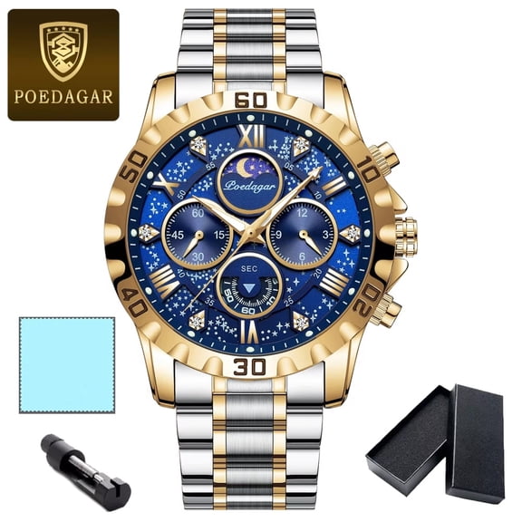 POEDAGAR Luxury Business Men Quartz Watch Big Dial Luminous Wrist Watch Calendar Minute Second Chronograph Wristwatch