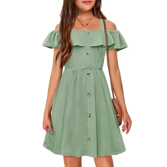 Arshiner Girls Dresses Summer Spaghetti Strap Cold Shoulder Ruffle Button Down A Line Dresses