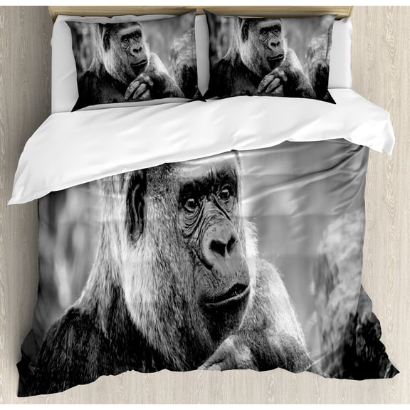 Gorilla Duvet Cover Set, Close up Shot of an Ape Animal on a Blurry Background, Decorative 3 Piece Bedding Set with 2 Pillow Shams, Calking Size, Dimgray Charcoal Grey, by Ambesonne