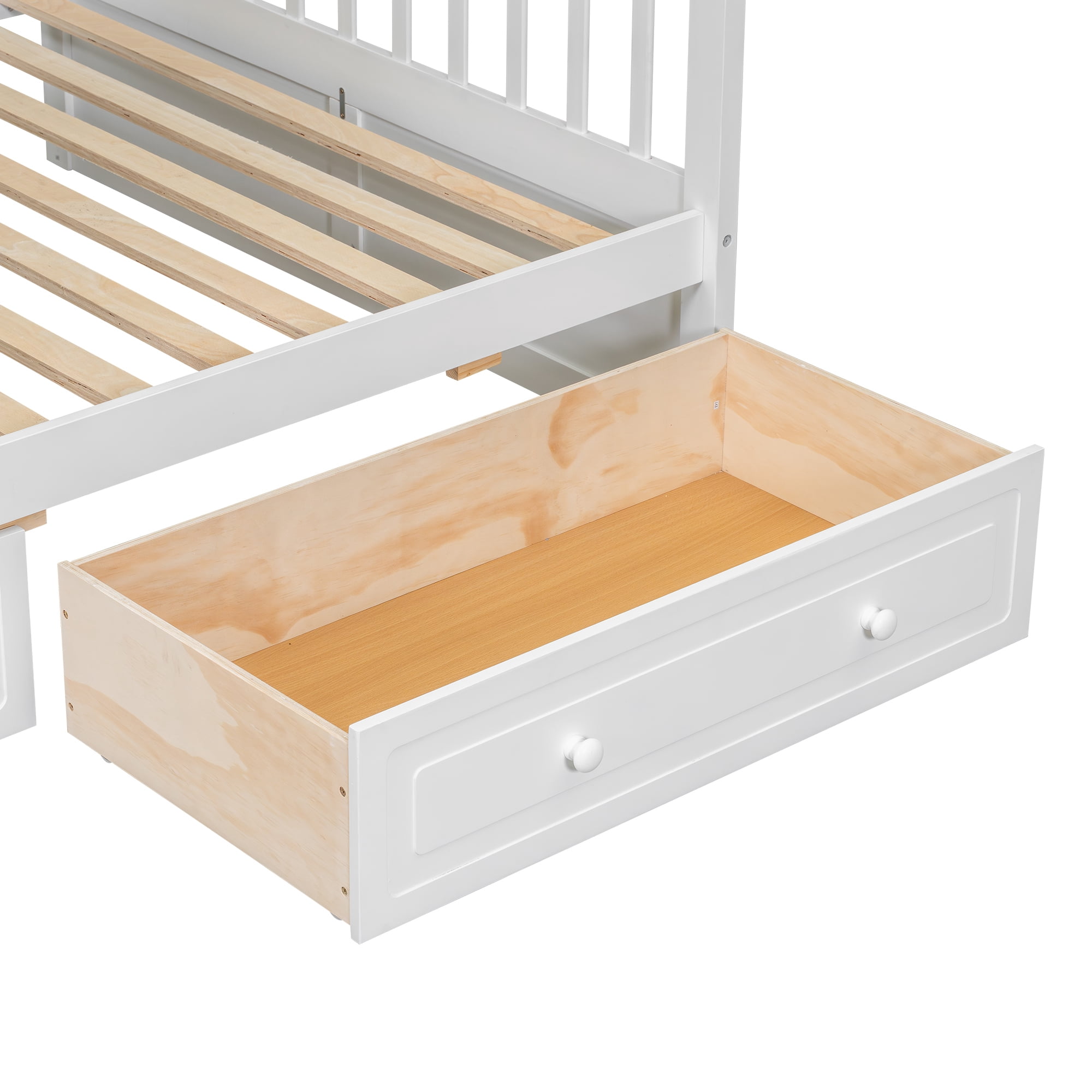 Euroco Wood Twin over Full Bunk Bed with Drawers, Convertible Two Beds in One, White