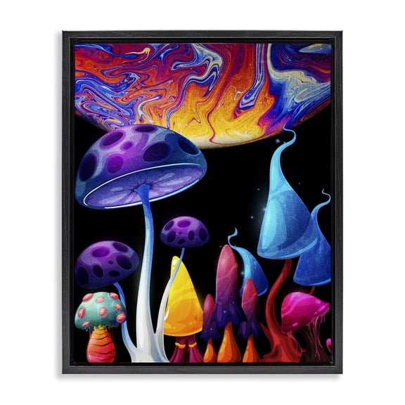 Stupell Industries Contemporary Whimsical Mushrooms in Space Black Floating Frame Canvas Art, 17 x 21, by Kim Allen