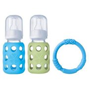 Lifefactory Baby Bundle Feeding Gift Pack with 4-Ounce Sky & Spring Green Glass Bottles and Teether