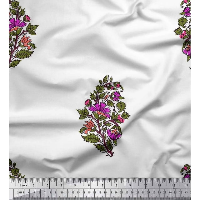 Soimoi Modal Satin Fabric Leaves & Floral Block Print Fabric by The Yard 42 Inch Wide