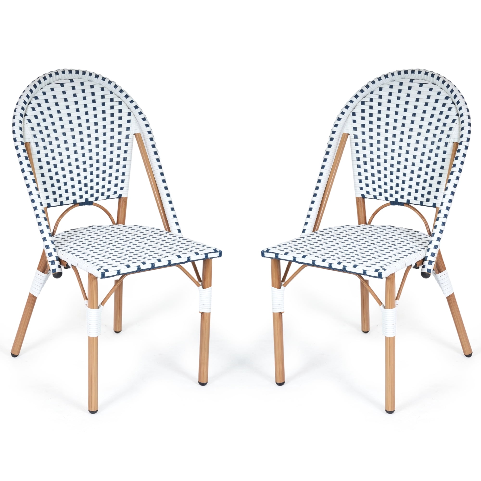DELMANGO 2-Piece Wicker Outdoor French Bistro Chairs, Armless Patio Chairs, Stackable Dining Chairs with Metal Frame, White/Blue