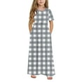 thumbnail image 2 of Girls Summer Dress Short Sleeve Maxi Tshirts Dresses with Pockets Cotton Long Dresses Size 4-14 Years (9 Years, Gray-Plaid), 2 of 7