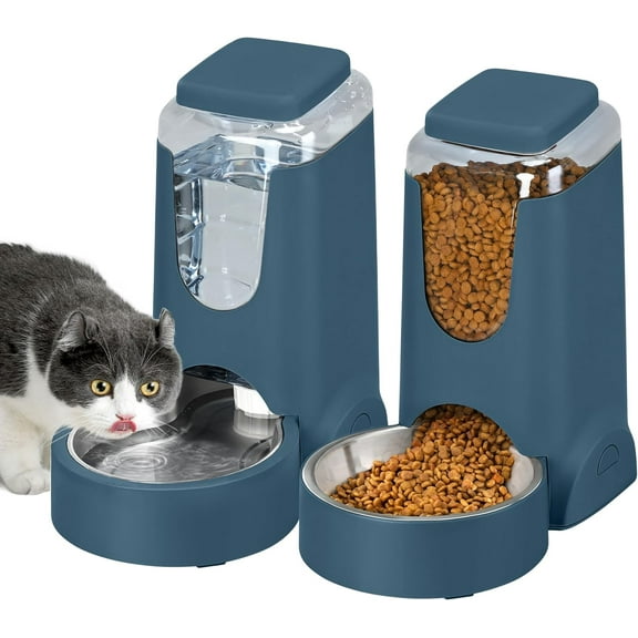 2 Pack Automatic Cat Feeder and Dog Food Feeder, Gravity Stainless Steel Water Dispenser and Waterer Set for Small Medium Puppy Kitten Pets (1 Gallon x 2, Navy Blue)
