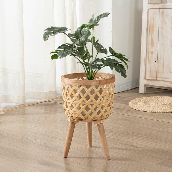 Indoor Outdoor Wicker Basket with Removable Legs, All Weather Woven Planter Cover, Decorative Plant Container Plant Stand for Patio Garden Home Porch