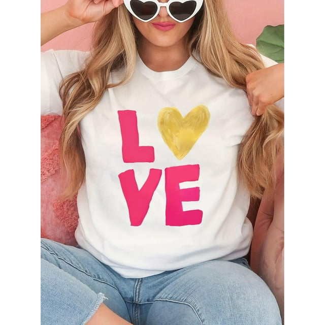 Women's Casual Valentine's Day Heart Graphic Print Crew Neck T-Shirt, Valentine's Day Gift, Printed Round Neck T-Shirt, Letter Pattern Printed T-Shirt, Short Sleeve Round Neck Casual Top, Suitable fo