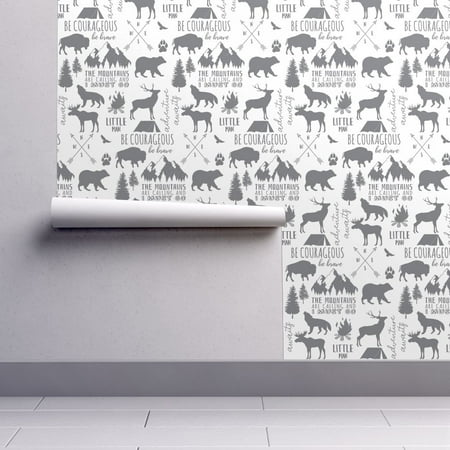 Bear Moose Deer - Wallpaper Roll Woodland Mountain Nursery Gray Bear Moose Deer 24in x 27ft