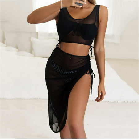 MSJUHEG Beach Coverup Cute Coverups Mesh Swimsuit Coverup for Women Tassel Trim Cover Up Top with Skirt Set Beach Wrap Bikini Wraps Cover Ups for Set Mesh Cover Up Womens Swim Suit Cover Up Black XL
