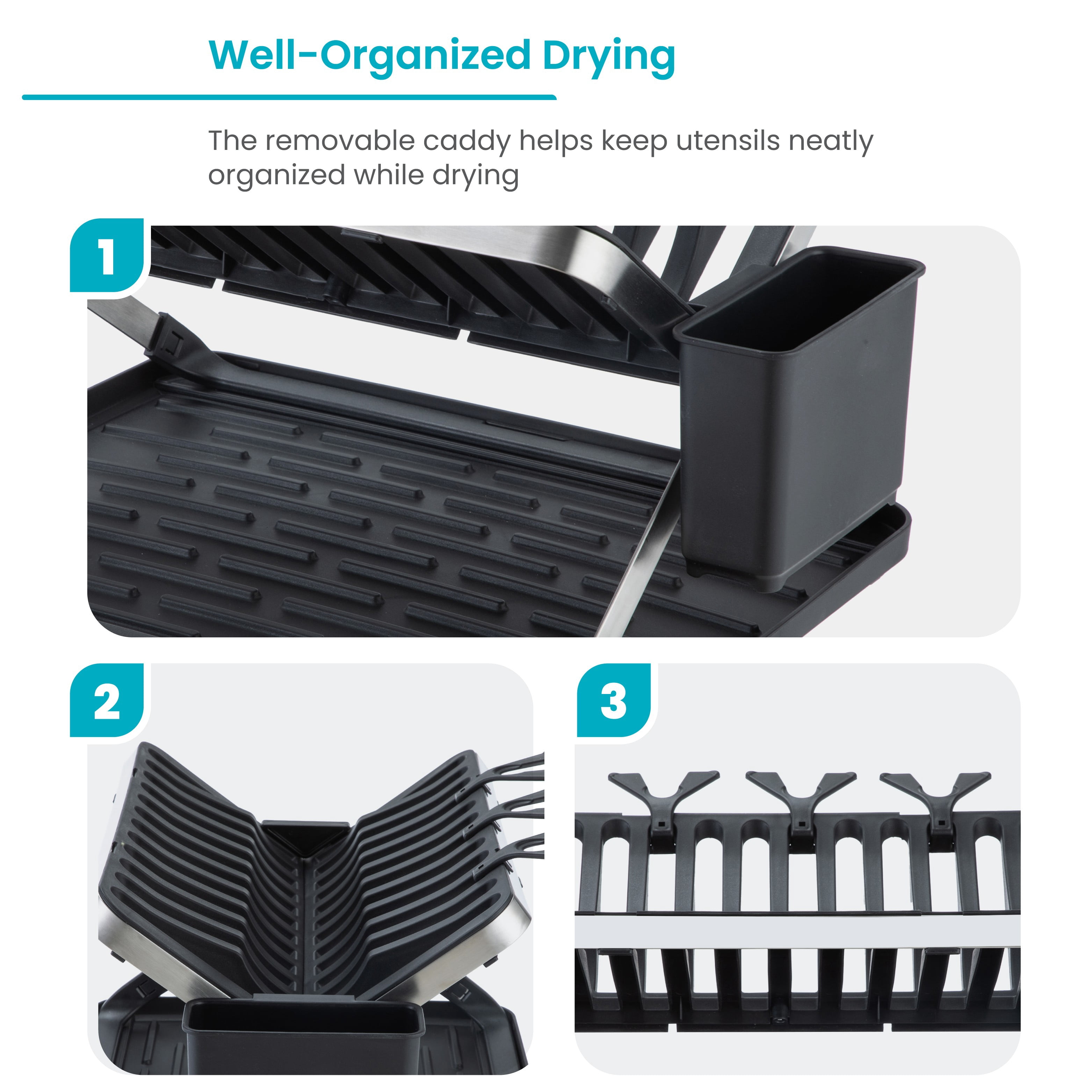 Home Zone Living Foldable X-Frame Dish Drying Rack with Drip Tray and Utensil Caddy