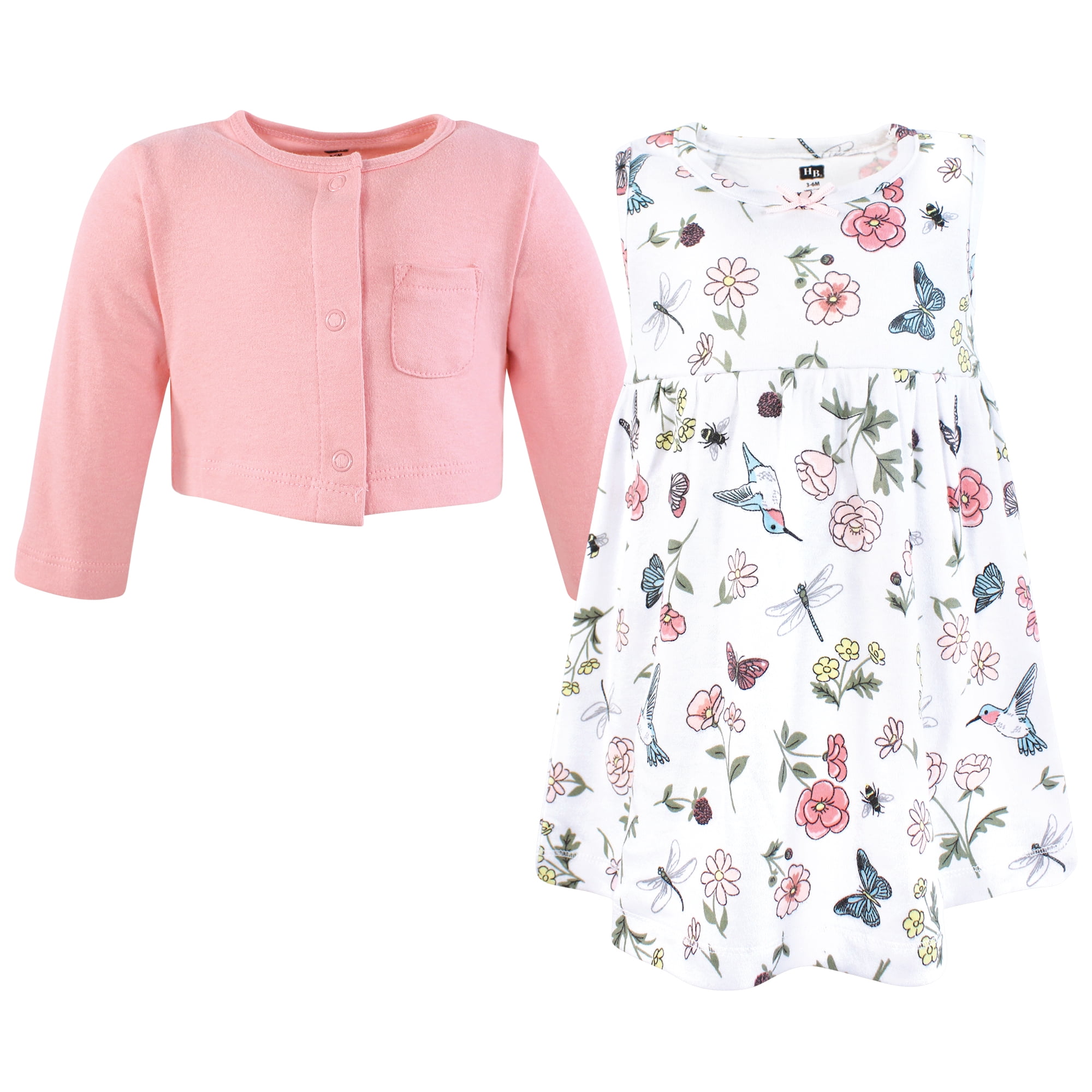 Hudson Baby Infant and Toddler Girls Cotton Dress and Cardigan Set, Hummingbird Garden, 3-6 Months
