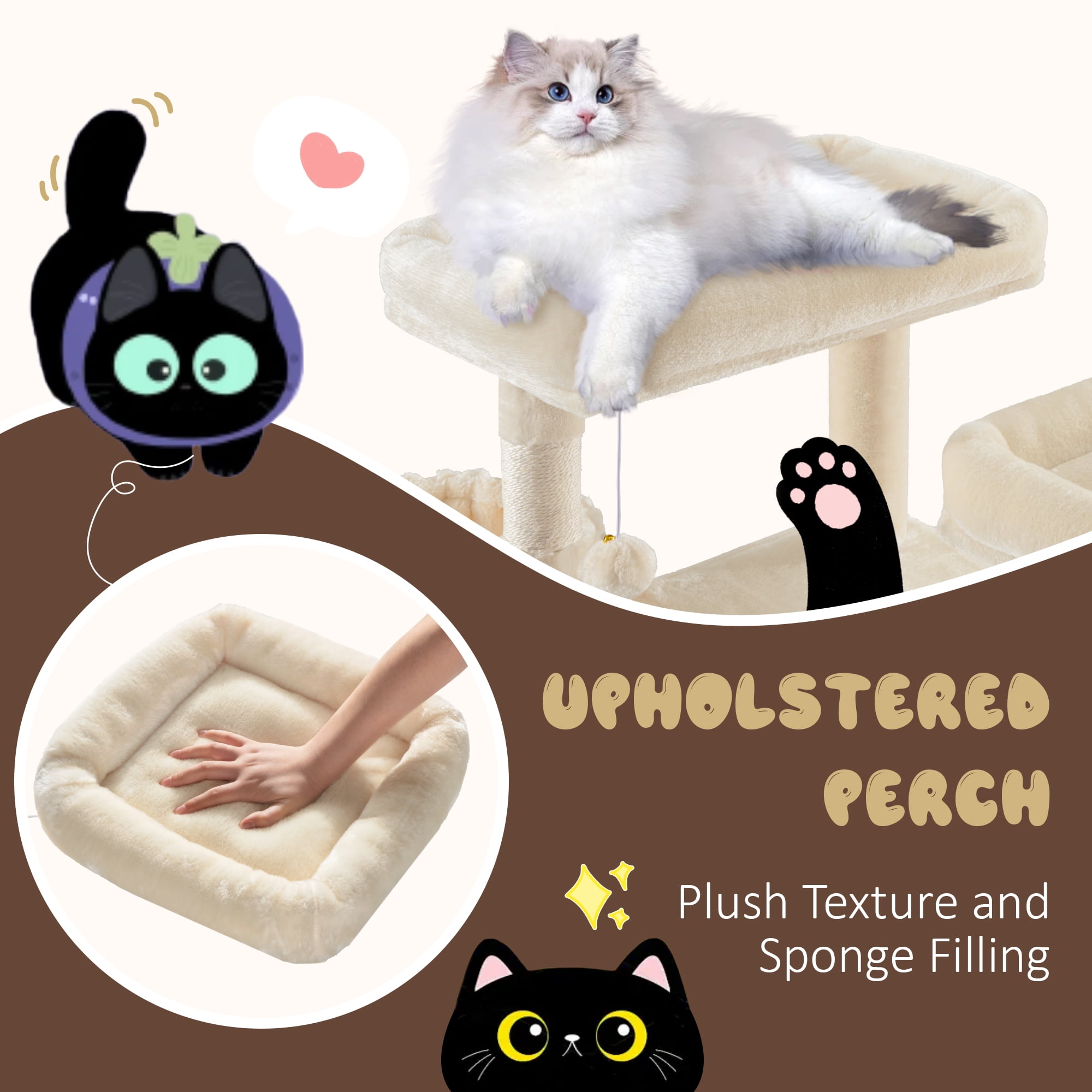 Amolife 81" Large Cat Tree Tower for Large Cats with Cat Condo Hammock, 2 Scratching Ramps, 6 Scratching Posts, Beige