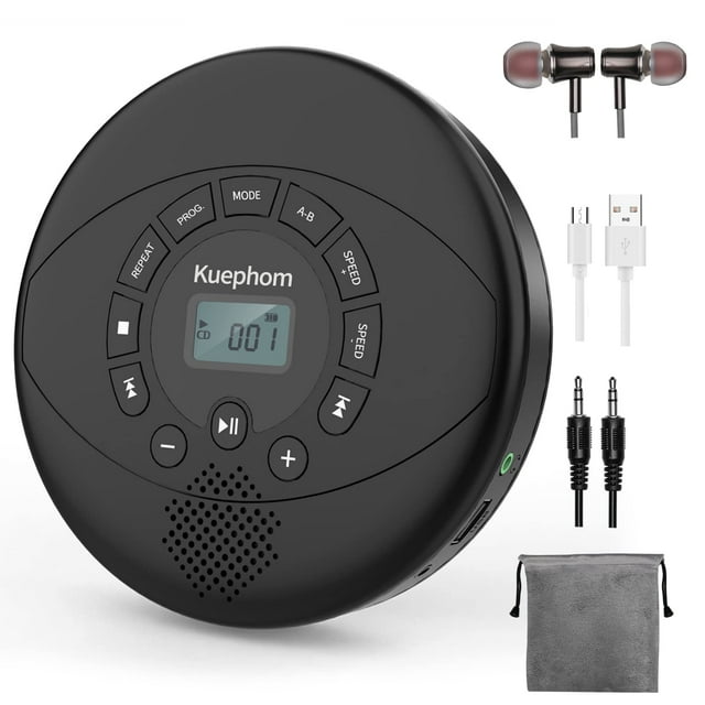 Reproductor de CD portátil Kuephom recargable con altavoz negro