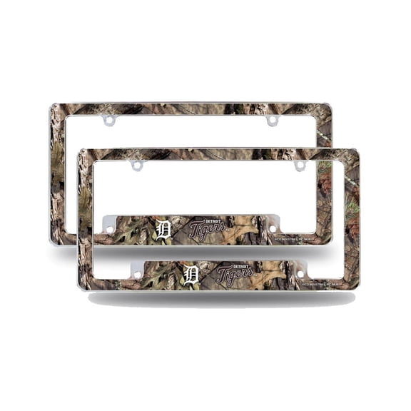 Detroit Baseball Tigers Chrome Metal (Set of 2) License Plate Frames with Bold Mossy Oak Camouflaged Camo Design