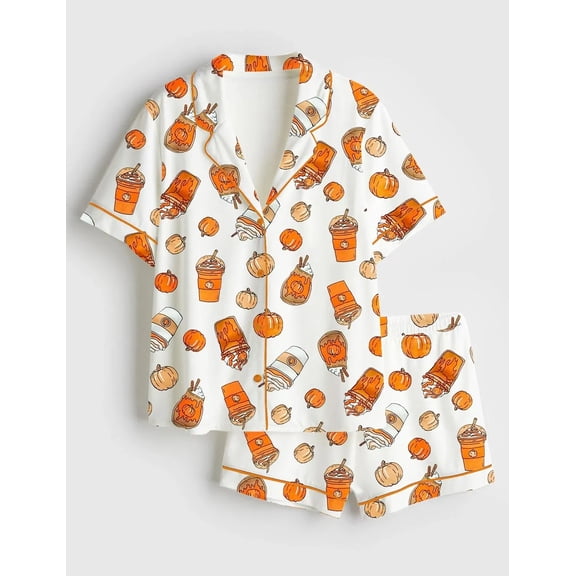 Women’s Pumpkin Spice Halloween Fall Fashion Short Sleeve Satin Pajama Set, Halloween Party Nightwear, Cozy Sleepwear with Cute Pumpkin