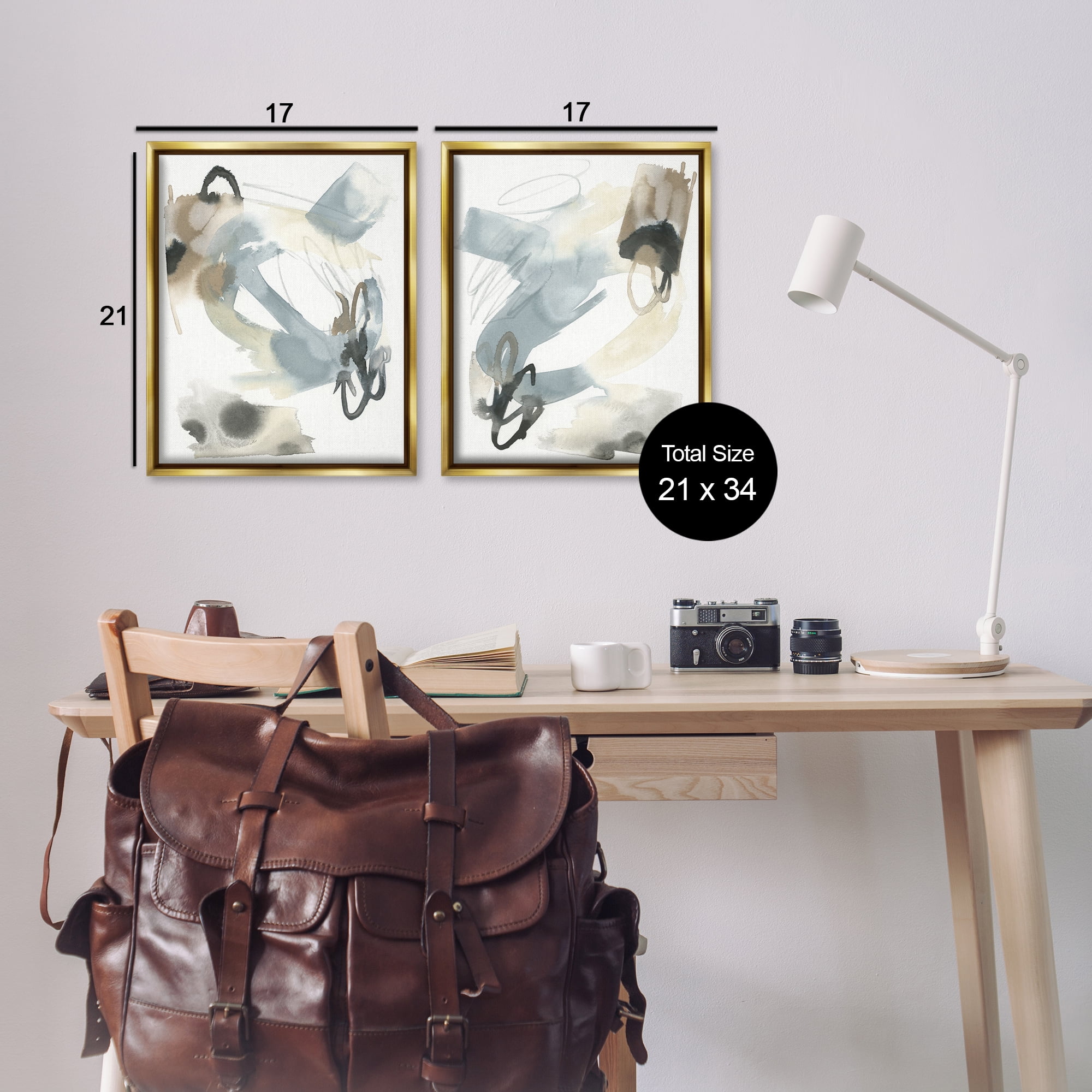 Stupell Industries Abstract Gray Brown Watercolor Abstract Painting Gold Floater Framed Canvas Art Print Wall Art, 17 x 21, Set of 2