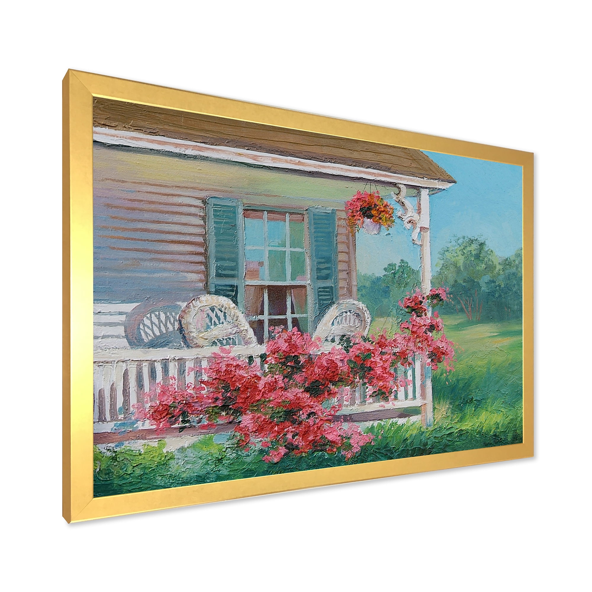 Designart 'Patio & Blossiming Red Flowers With Wooden House' Traditional Framed Art Print