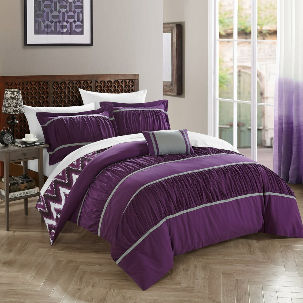Chic Home 8 piece Brooks Pleated & Ruffled with Chevron REVERSIBLE