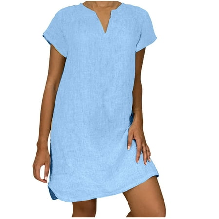 

Hfyihgf Womens Plus-Size Dresses Solid Cotton Linen Kaftan Shift Dresses Short Sleeve V-Neck Vacation Casual Mini Sun Dress(Light Blue 4XL)