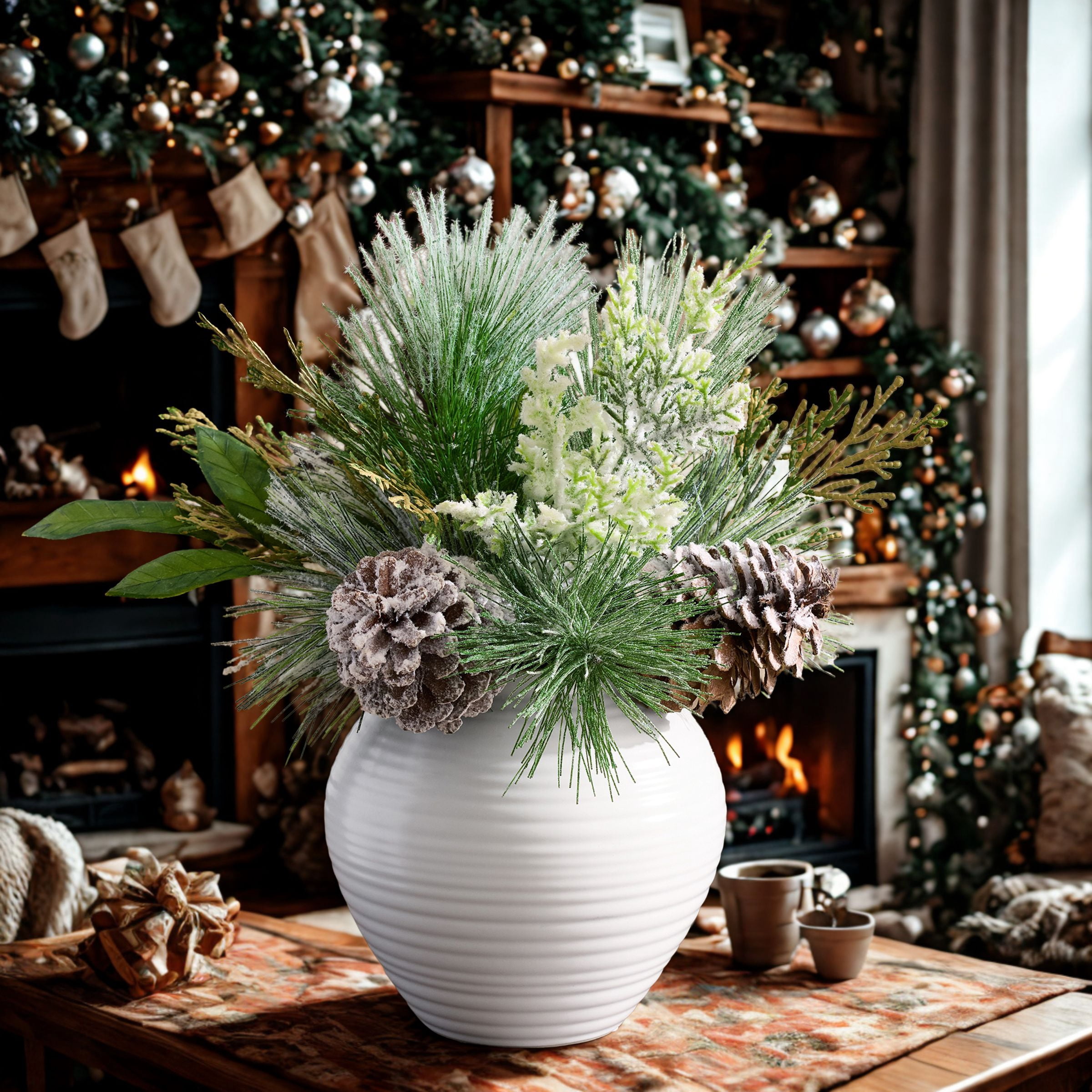 Better Homes & Gardens 13 in Artificial Frosted Pine in Ceramic Vase, Indoor, Green