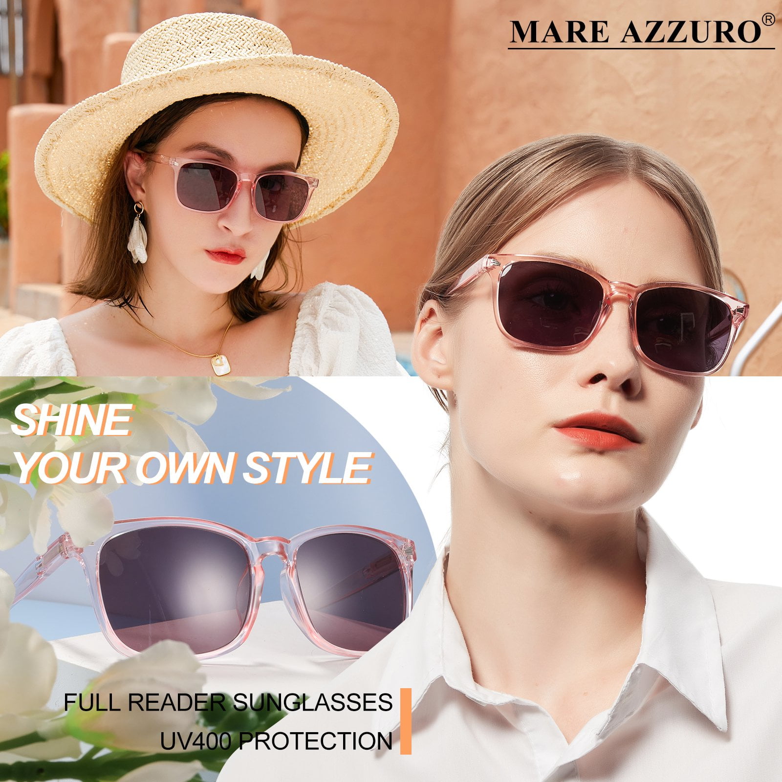 MARE AZZURO Outdoor Reading Sunglasses Women 0.50 0.75 1.00 1.25 1.50 1.75 2.00 2.25 2.50 2.75 3.00 3.25 3.50 3.75 4.00 (Pink, 1.25)