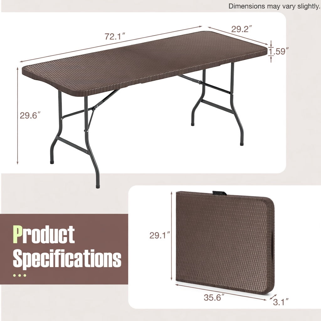 Hommoo 6 ft Portable Folding Table, HDPE Rattan-Look Tabletop, Weatherproof & Locking Frame for Outdoor Picnics, Camping, and Indoor Use, Coffee