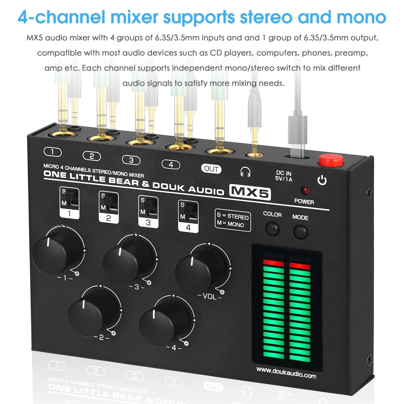 Little Bear MX5 Mono/Stereo 4 Channel Audio Mixer Ultra Low-Noise Line Mixer 6.35/3.5mm LED Level Meter for home/Studio ,Easy to Operate