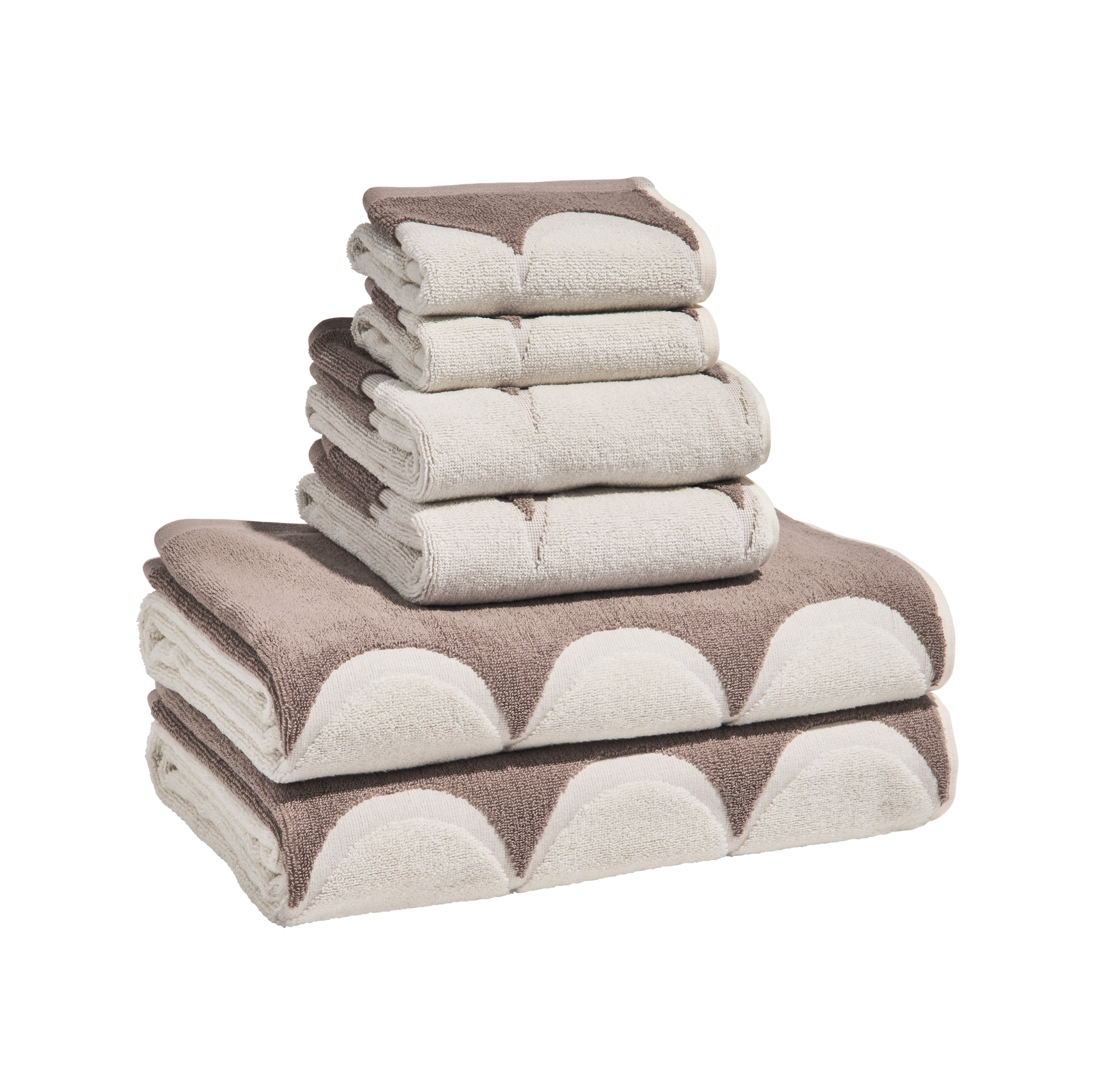 Beautiful by Drew Barrymore 6-Piece Scallop Bath Towel Set, Soft 100% Cotton, Taupe