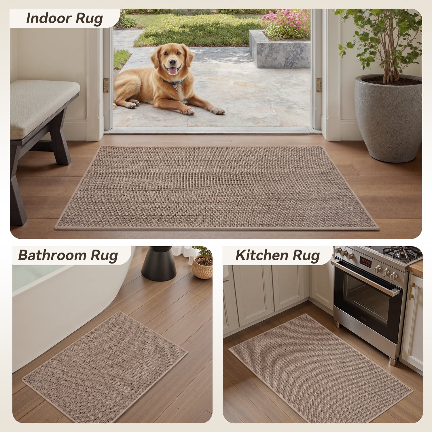 FEELHOME Door Mats for Inside 24"x35" Non Slip Rubber Welcome Mat for Inside Low-Profile Dirt Trapper Indoor Door Mats for Entryway Absorbent Washable Entry Rug Floor Mats Woven Braided Beige
