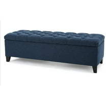 Benjara Elias Storage Bench, 51 Inch Button Tufted Blue Velvet, Solid Wood