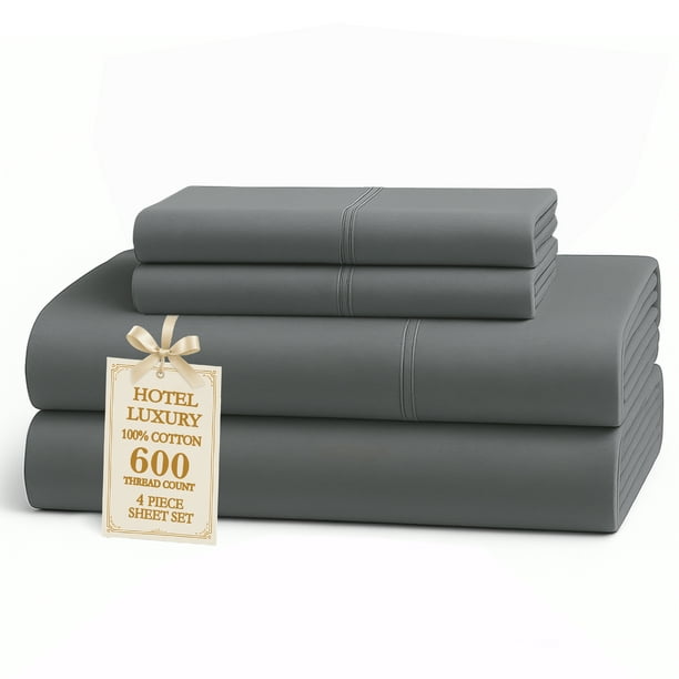 Casa Platino Juego de Sábanas Dobles de 600 Hilos: Suave 100% Algodón, Bolsillo Profundo, Tejido de Satén, Refrescante y Transpirable, 2 Fundas de Almohada – Carbón