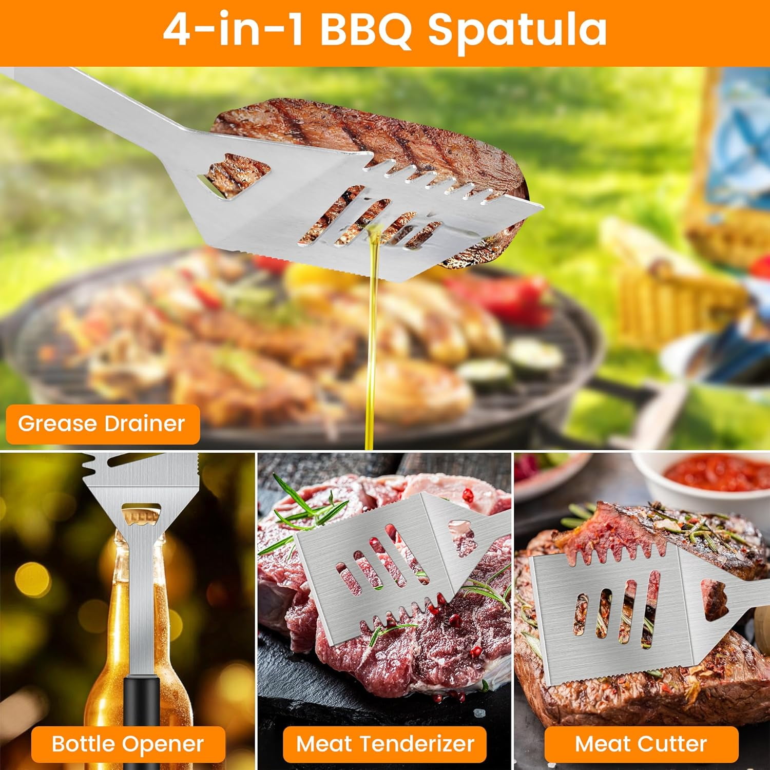 Grill Accessories Kit, Tool Set with 4-in-1 BBQ Spatula, Fork, Tongs, Cleaner Brush, Skewers, Silicone Corn Holders, Grilling Gift for Men and Women
