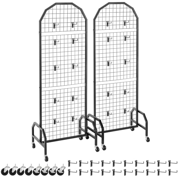 Black Gridwall Display Rack on Wheels - 2 Pack (1.9' x 5.4' Panels) with 20 Hooks, Movable Art & Craft Shelf for Shows, Storage, Retail Decor