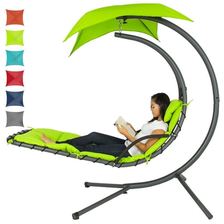 Best Choice Products Hanging Curved Chaise Lounge Chair Swing for Backyard, Patio w/ Pillow, Canopy, Stand - Green