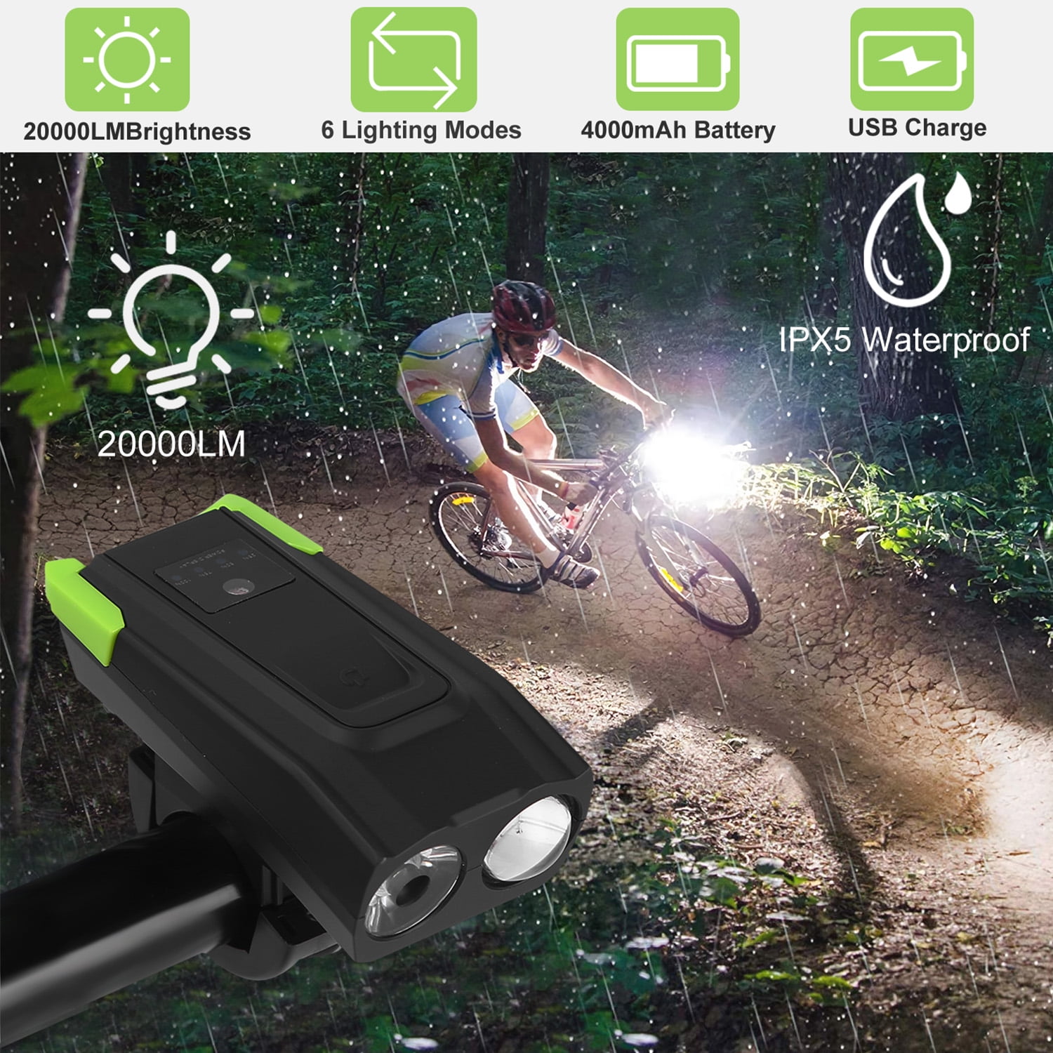 20000LM Fully Rechargeable LED Bike Light Road Bicycle Torch Front & Rear Lamp 