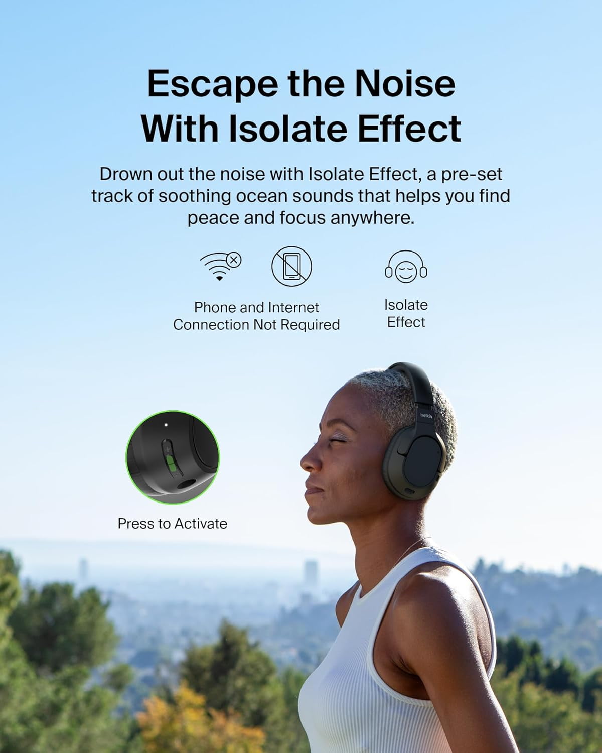 Belkin SoundForm Isolate Bluetooth Over-Ear Headphones - Hybrid Active Noise Cancelling Headphones - Wireless w/ 60H Playtime, Fast Charging & CloudCushion Ear Cups for Travel, Home, Office - Black