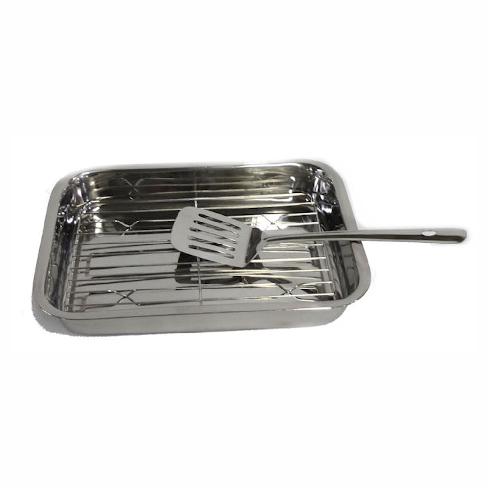 Stainless Steel Roasting Pan with Gold Handles + Reviews