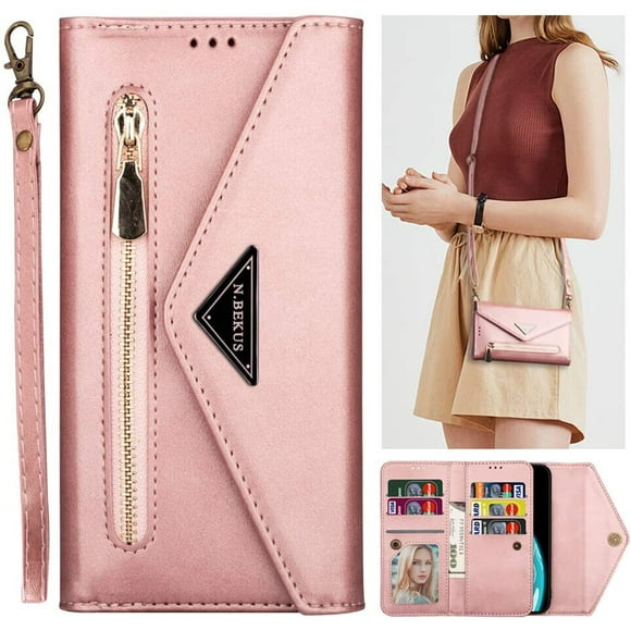 Case for iPhone 11 Detachable Crossbody Lanyard Zipper Wallet Handbag Case with 6 Card Holders,Premium PU Leather Protective Folio Flip Case with Wrist Strap - Pink