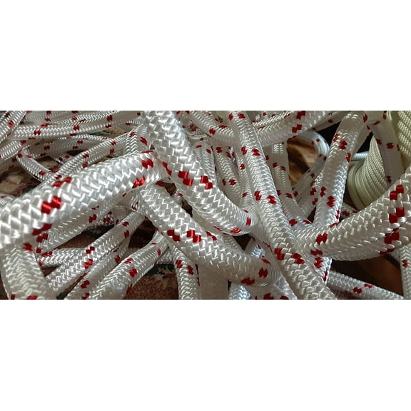 3/4 " x 100 ft. Premium Double Braid Arborist / Industrial Bull Rope Hank. White & Red. Made in USA