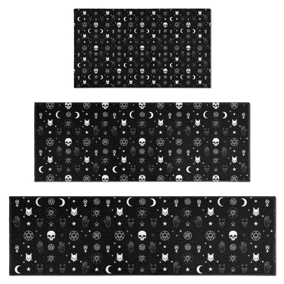 Black White Gothic Cat Skull Moon Pattern Kitchen Rugs Sets Of 3,Kitchen Runner Rugs Non Skid Washable,Decorative Kitchen Floor Mats for Kitchen,Sink,Laundry,17"x30" 17"x47" 17"x59"
