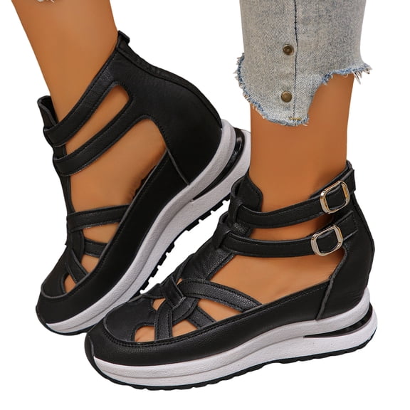 Rokment Platform Wedge Gladiator Sandals for Women Vintage Casual Leather Closed Toe Chunky Height Increasing Comfortable Non Slip Walking Work Sneakers Summer Shoes Black Size 5.5