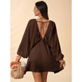 thumbnail image 2 of Coffee Brown Solid Woven Loose V-Neck Long Sleeve Mini Bohemian Dress For Women, Spring Summer Vacation Style, 2 of 7